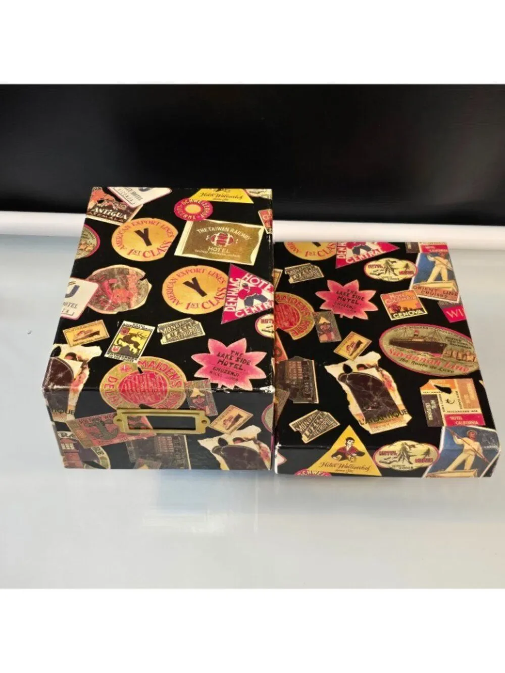 Decorative Storage Box Vintage Travel Labels Collage #1